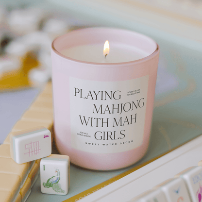 Playing Mahjong with Mah Girls Soy Candle - Pink Matte Jar - 15 oz (Salt and Sea) – Candles