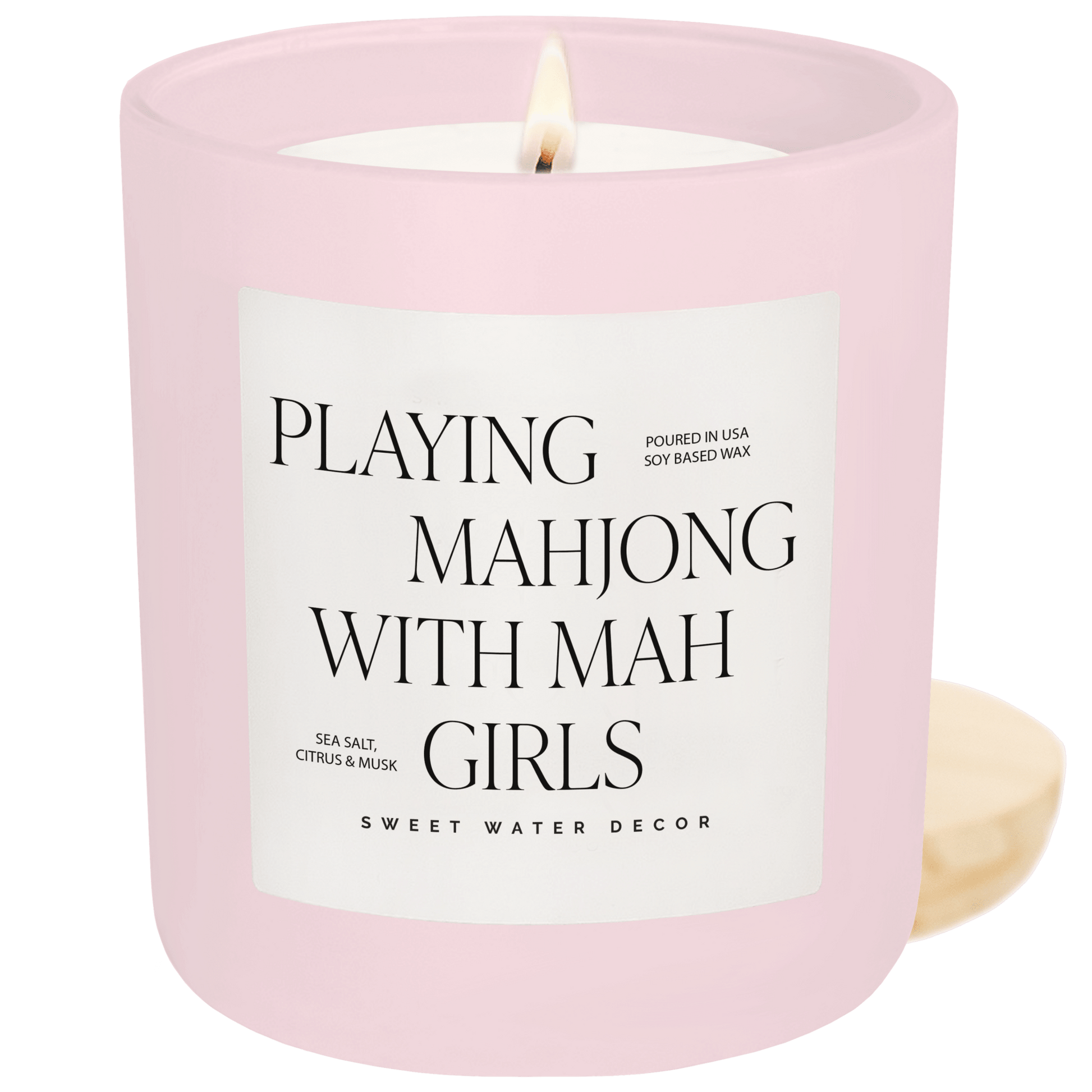 Playing Mahjong with Mah Girls Soy Candle - Pink Matte Jar - 15 oz (Salt and Sea) – Candles