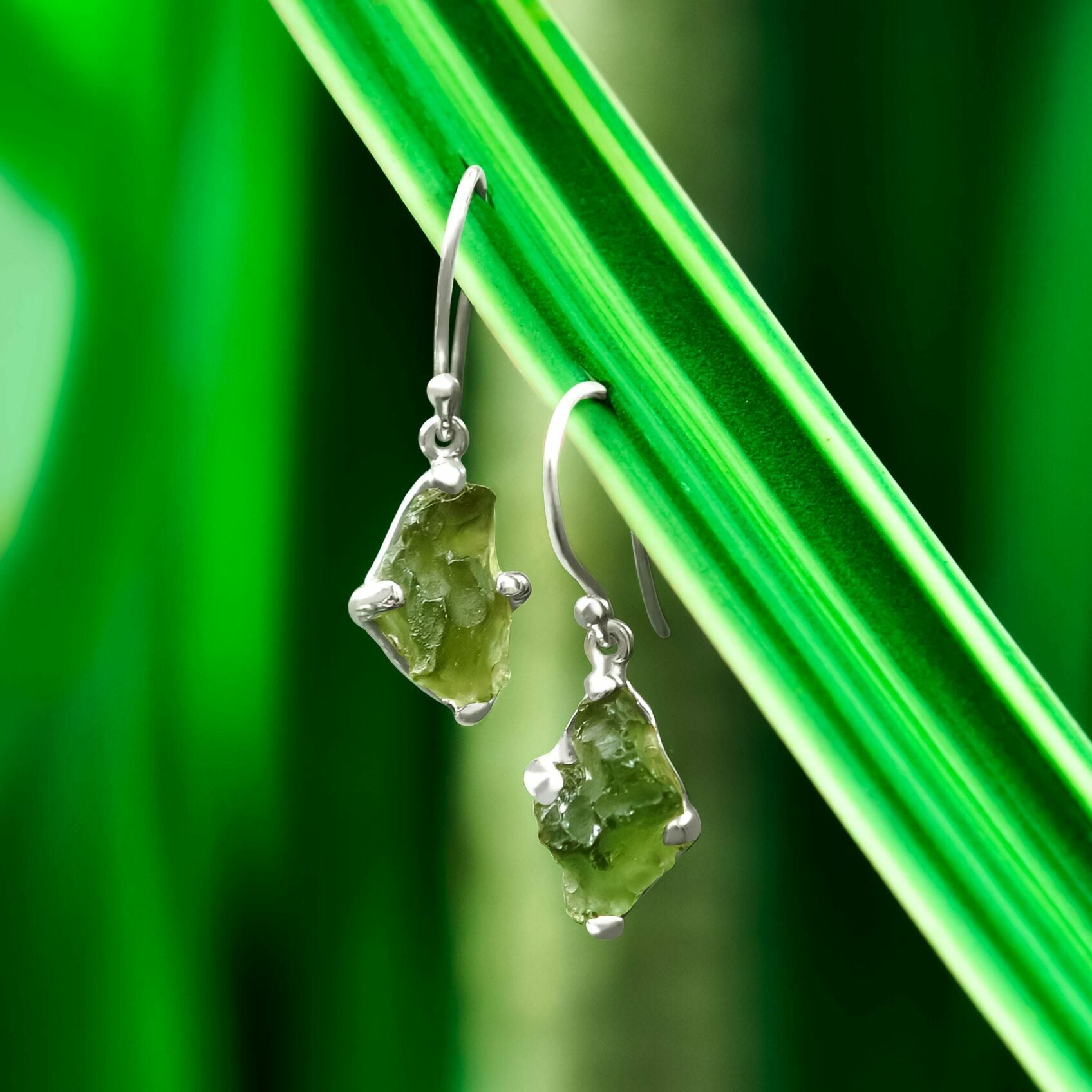 Moldavite Earrings Sterling Silver Raw Crystal Dangle, with authentication! – Crystal Earrings