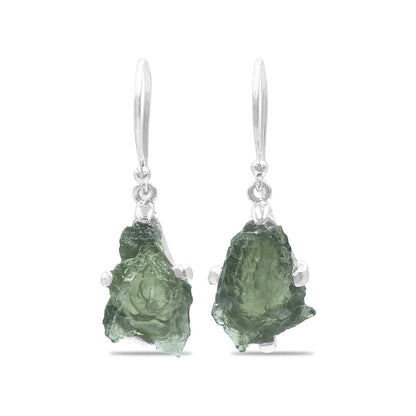 Moldavite Earrings Sterling Silver Raw Crystal Dangle, with authentication! – Medium Crystal Earrings