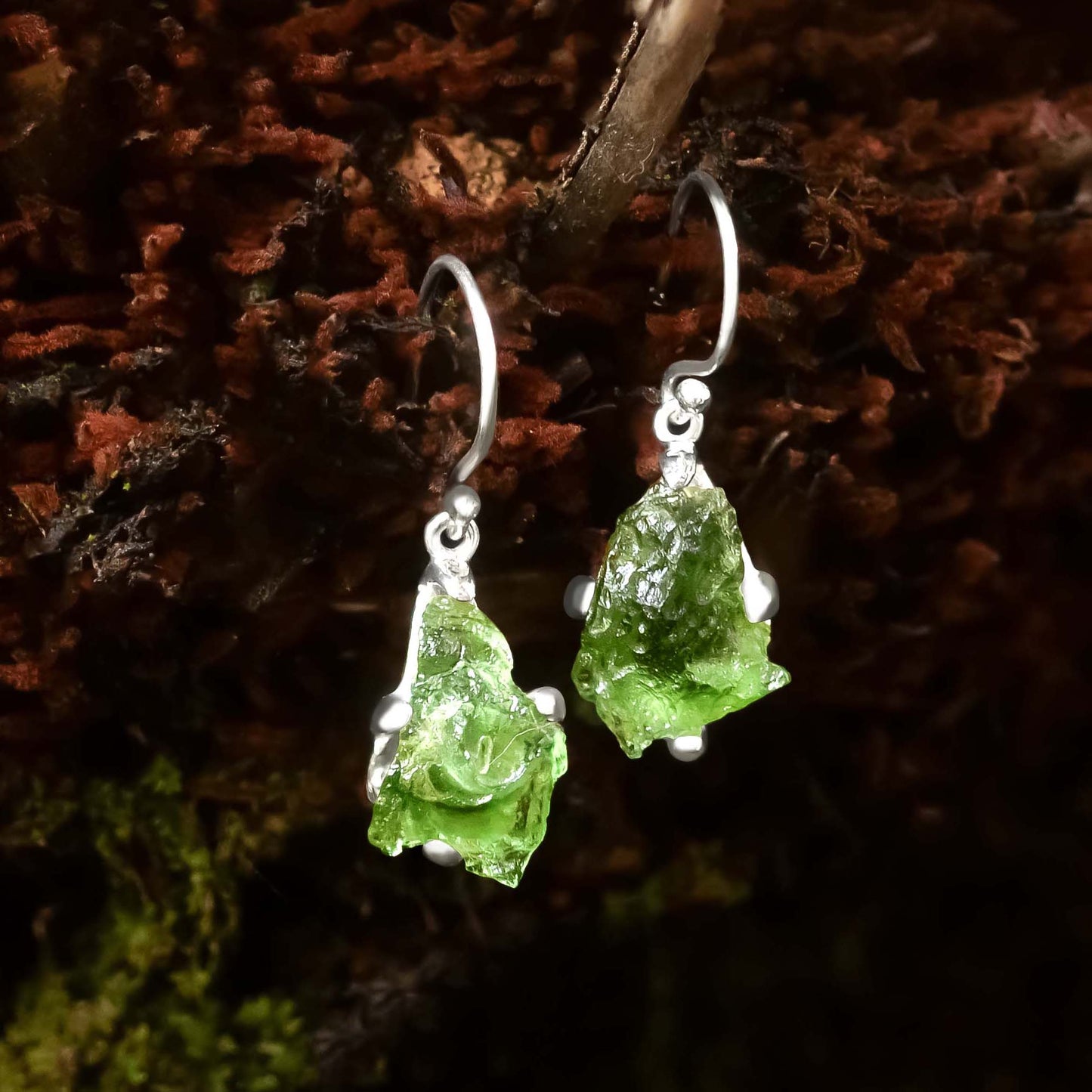 Moldavite Earrings Sterling Silver Raw Crystal Dangle, with authentication! – Crystal Earrings