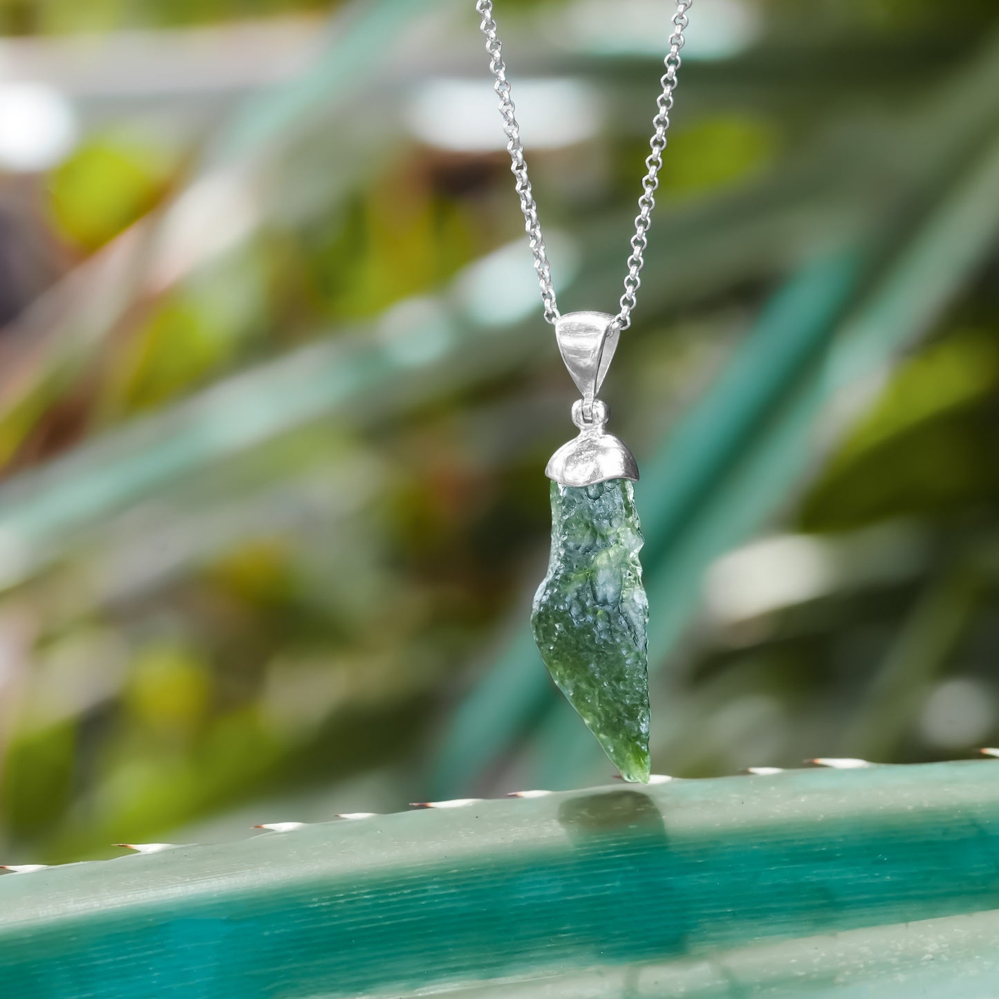 Starborn Rough Moldavite Single Chop Pendant in Sterling Silver