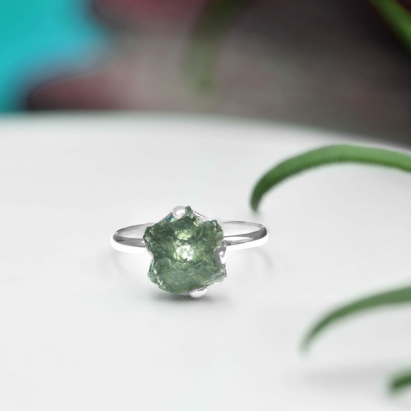 Rough Moldavite Ring in Sterling Silver