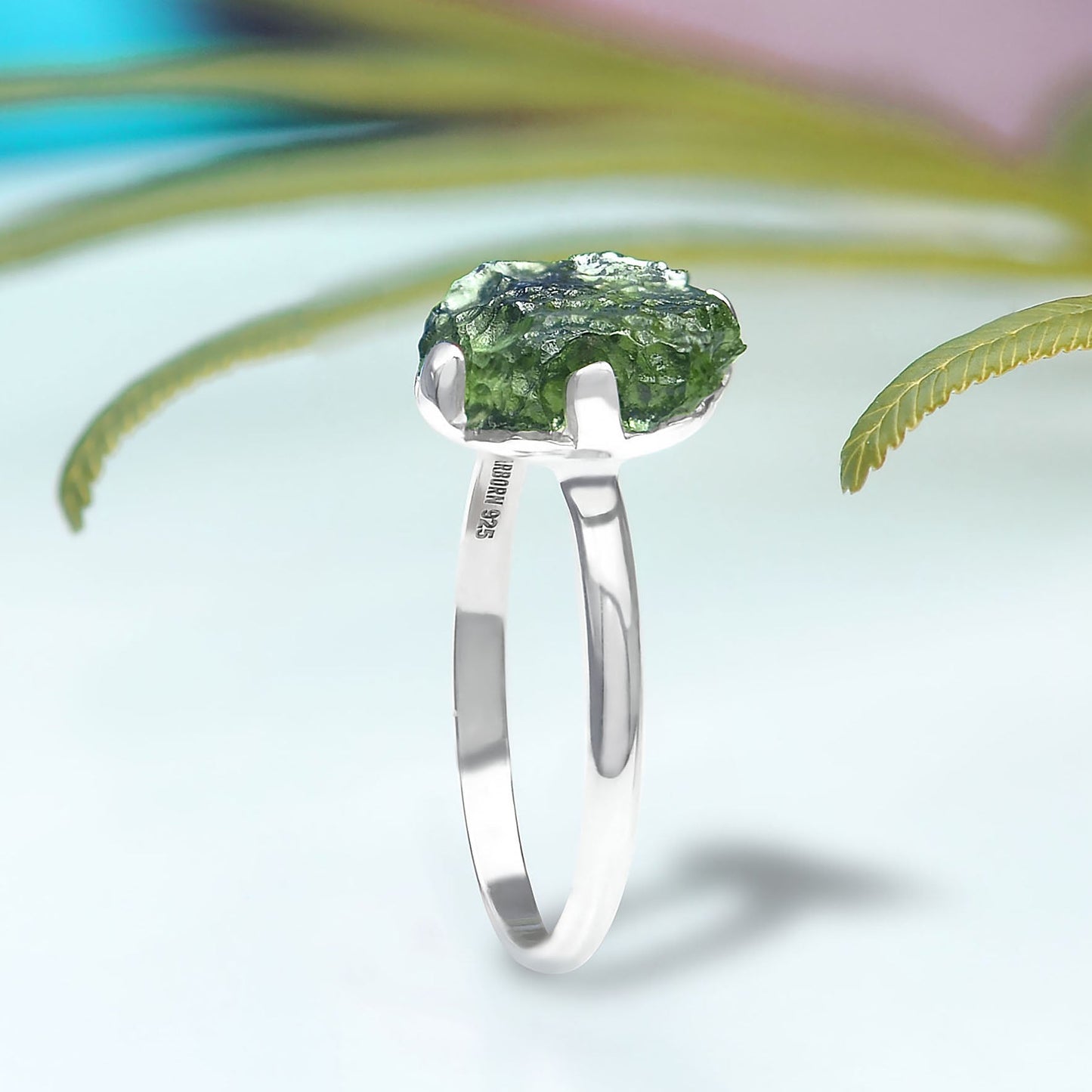 Rough Moldavite Ring in Sterling Silver