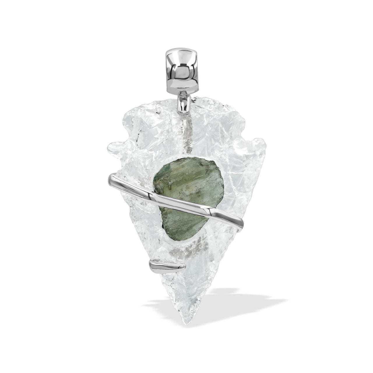 Starborn Quartz Arrowhead and Moldavite Wrap Pendant in Sterling Silver