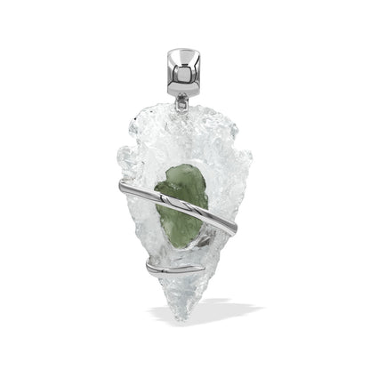 Starborn Quartz Arrowhead and Moldavite Wrap Pendant in Sterling Silver