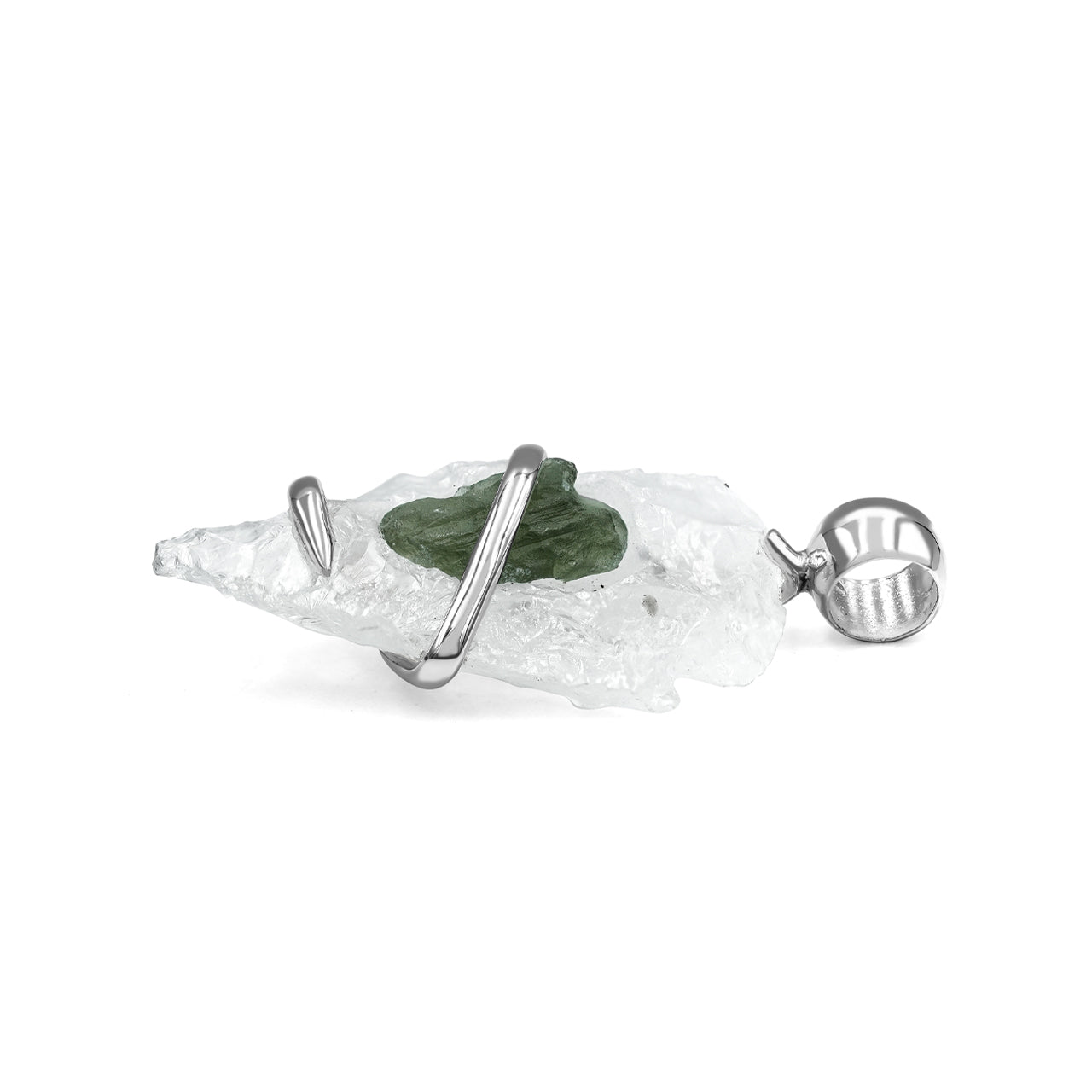 Starborn Quartz Arrowhead and Moldavite Wrap Pendant in Sterling Silver
