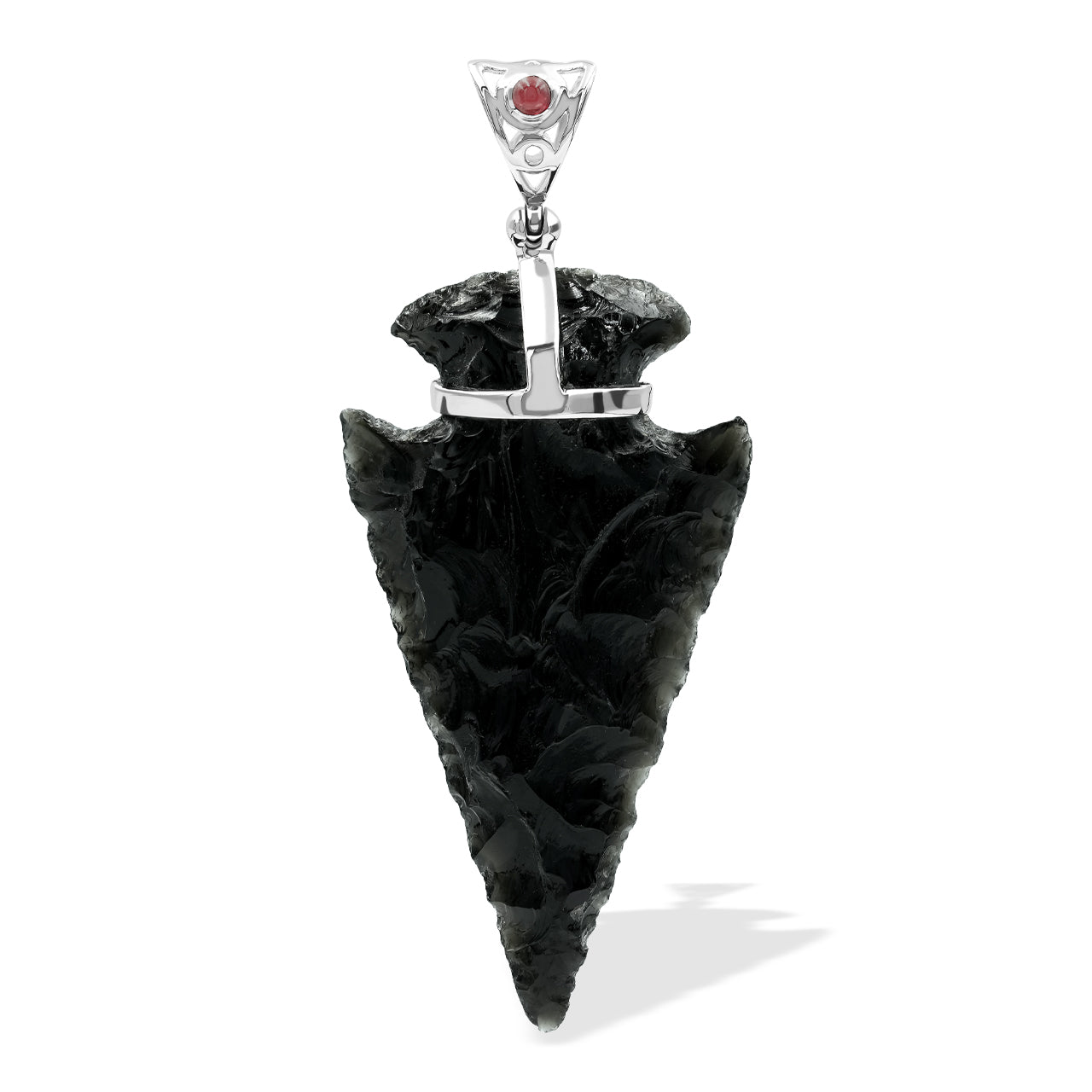 Starborn Obsidian Arrowhead Pendant with Filigree Garnet Gemstone Bale in Sterling Silver