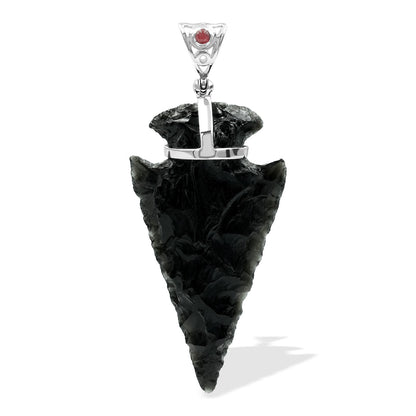 Starborn Obsidian Arrowhead Pendant with Filigree Garnet Gemstone Bale in Sterling Silver
