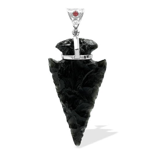 Starborn Obsidian Arrowhead Pendant with Filigree Garnet Gemstone Bale in Sterling Silver