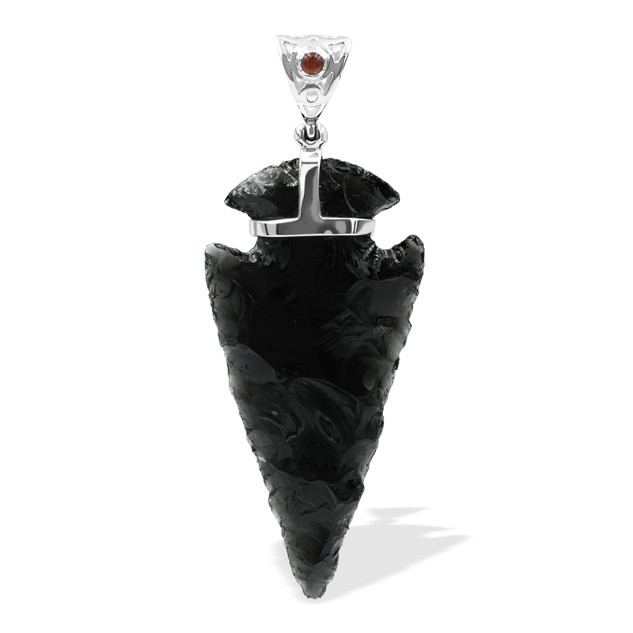 Starborn Obsidian Arrowhead Pendant with Filigree Garnet Gemstone Bale in Sterling Silver