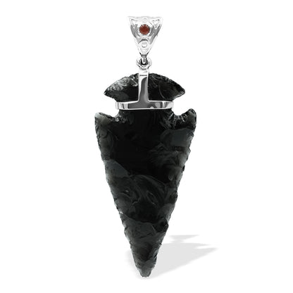 Starborn Obsidian Arrowhead Pendant with Filigree Garnet Gemstone Bale in Sterling Silver