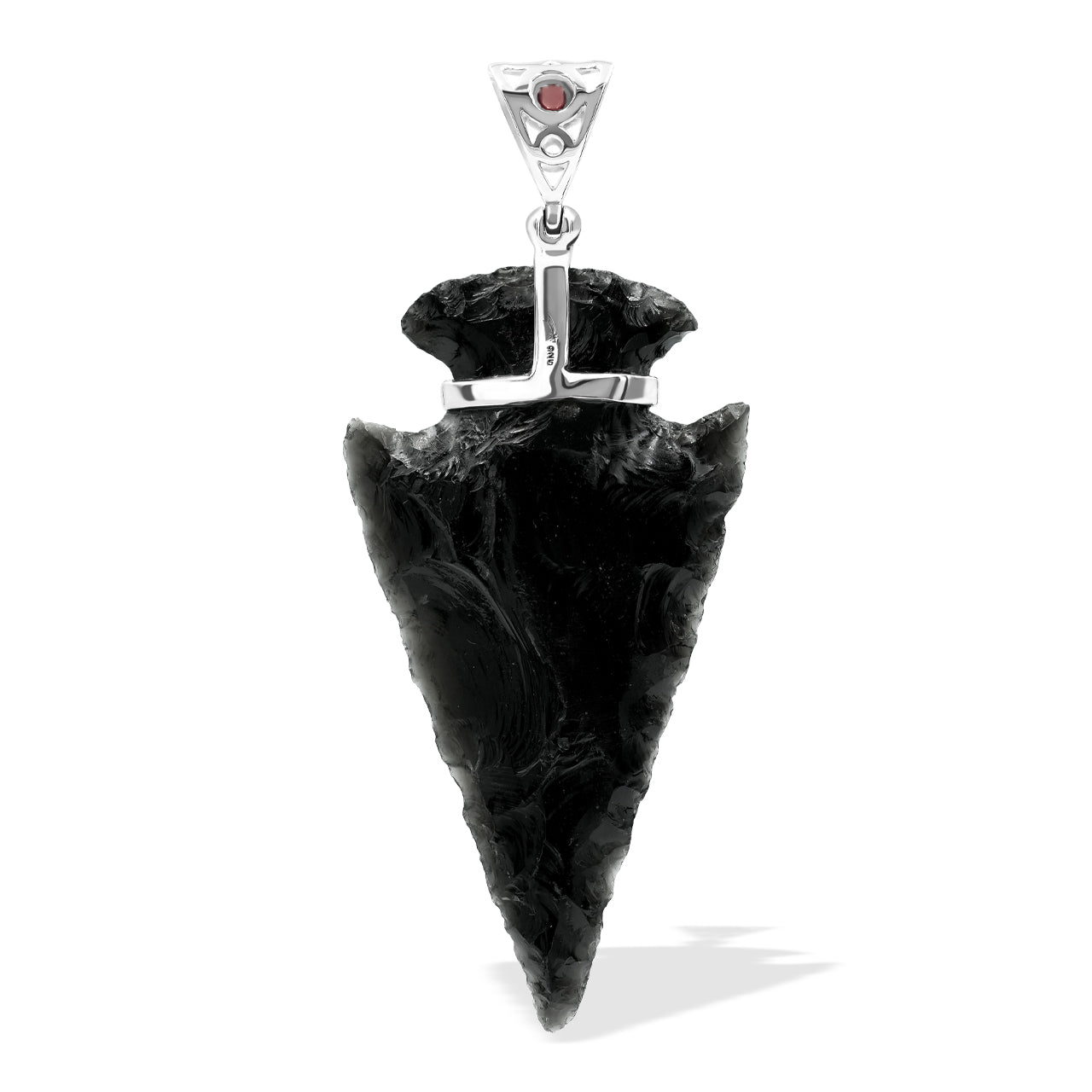 Starborn Obsidian Arrowhead Pendant with Filigree Garnet Gemstone Bale in Sterling Silver