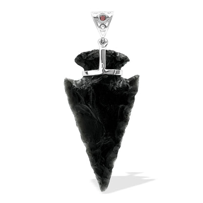 Starborn Obsidian Arrowhead Pendant with Filigree Garnet Gemstone Bale in Sterling Silver