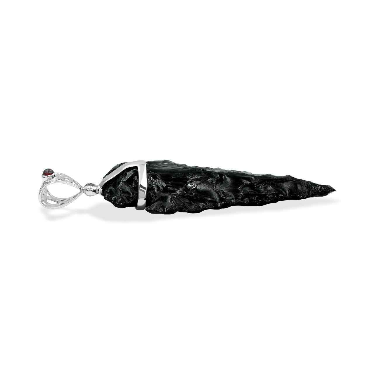 Starborn Obsidian Arrowhead Pendant with Filigree Garnet Gemstone Bale in Sterling Silver