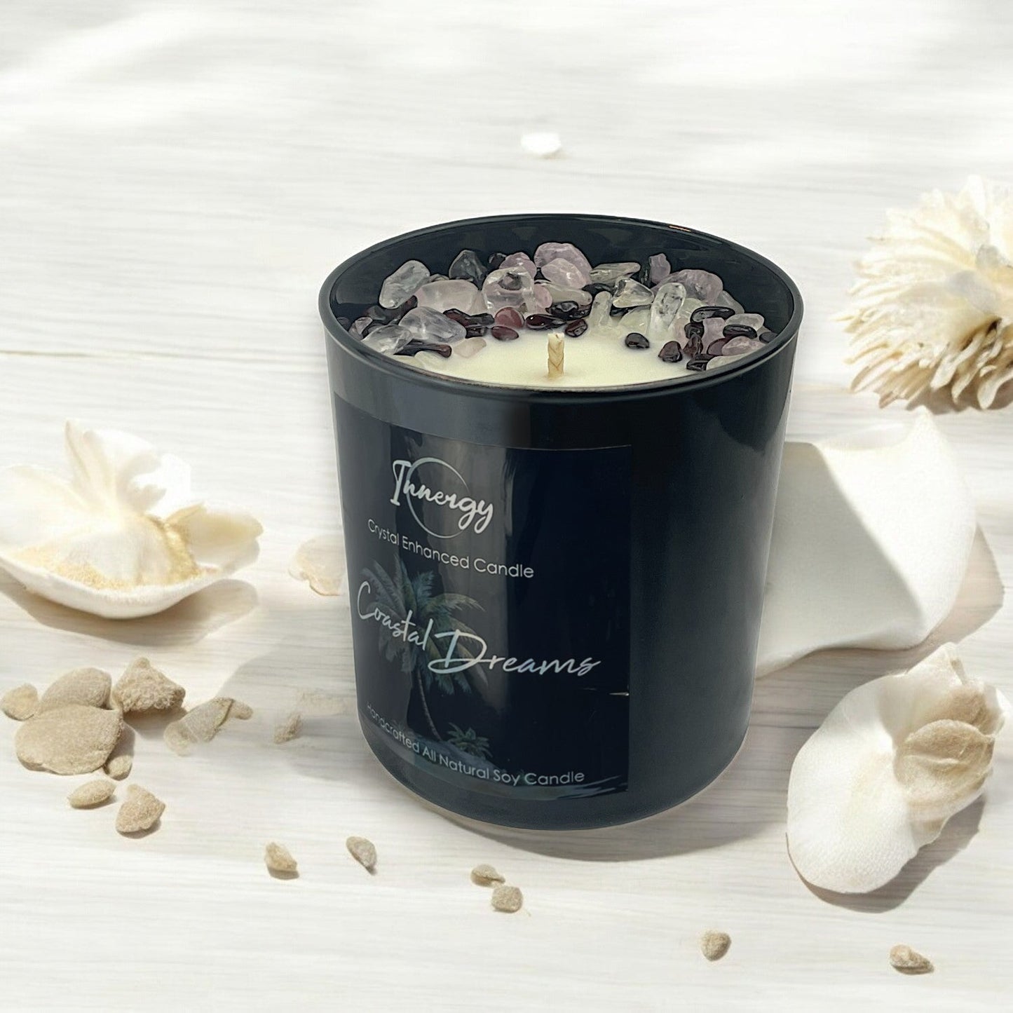 Coastal Dreams Crystal Candle with Garnet, Quartz, & Rose Quartz | Coconut-Soy Wax Candle, 9oz