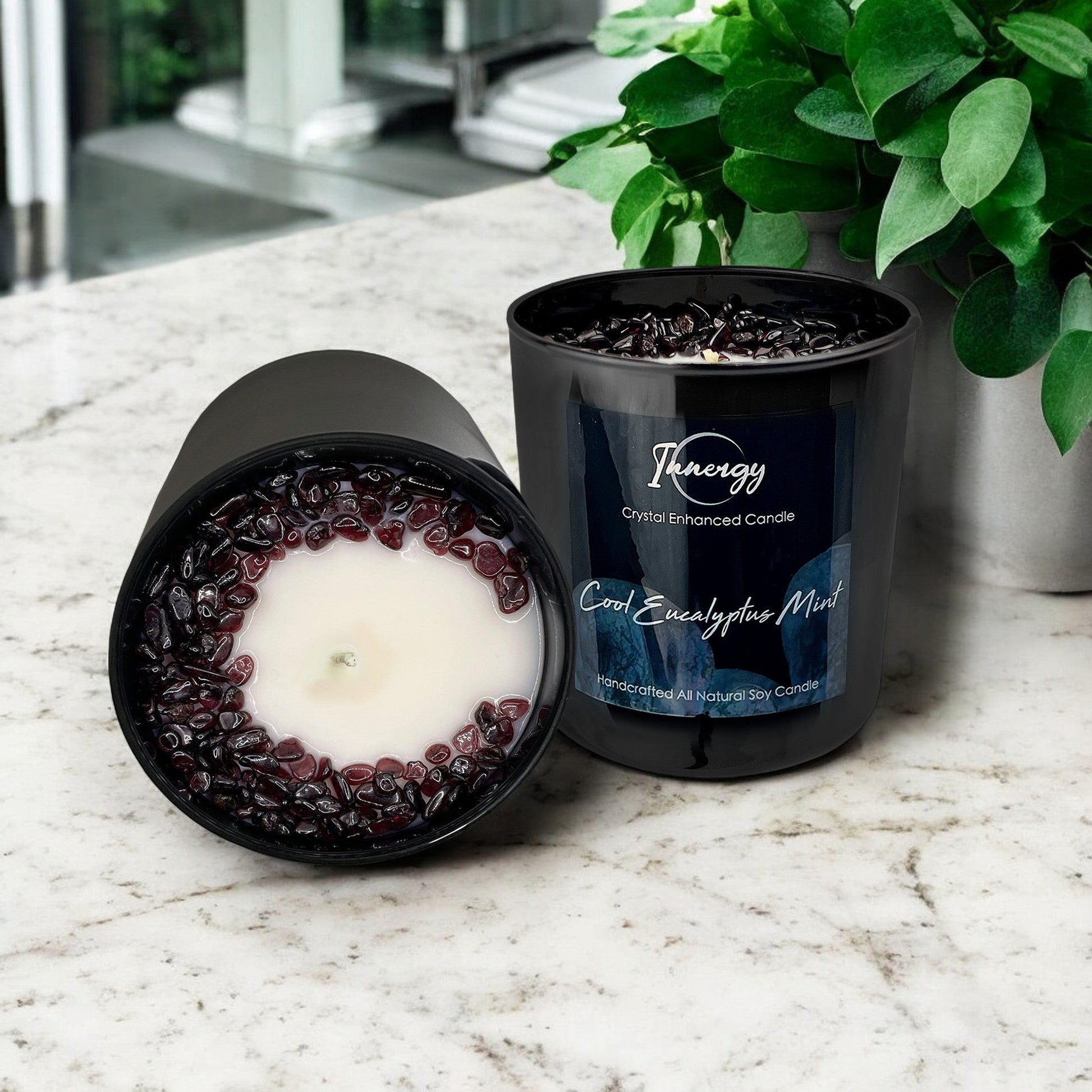 Eucalyptus Mint Crystal Candle with Garnet | Coconut-Soy Wax Candle, 9oz – Crystal Candle