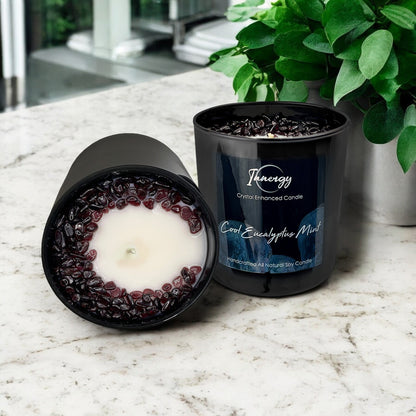 Eucalyptus Mint Crystal Candle with Garnet | Coconut-Soy Wax Candle, 9oz – Crystal Candle