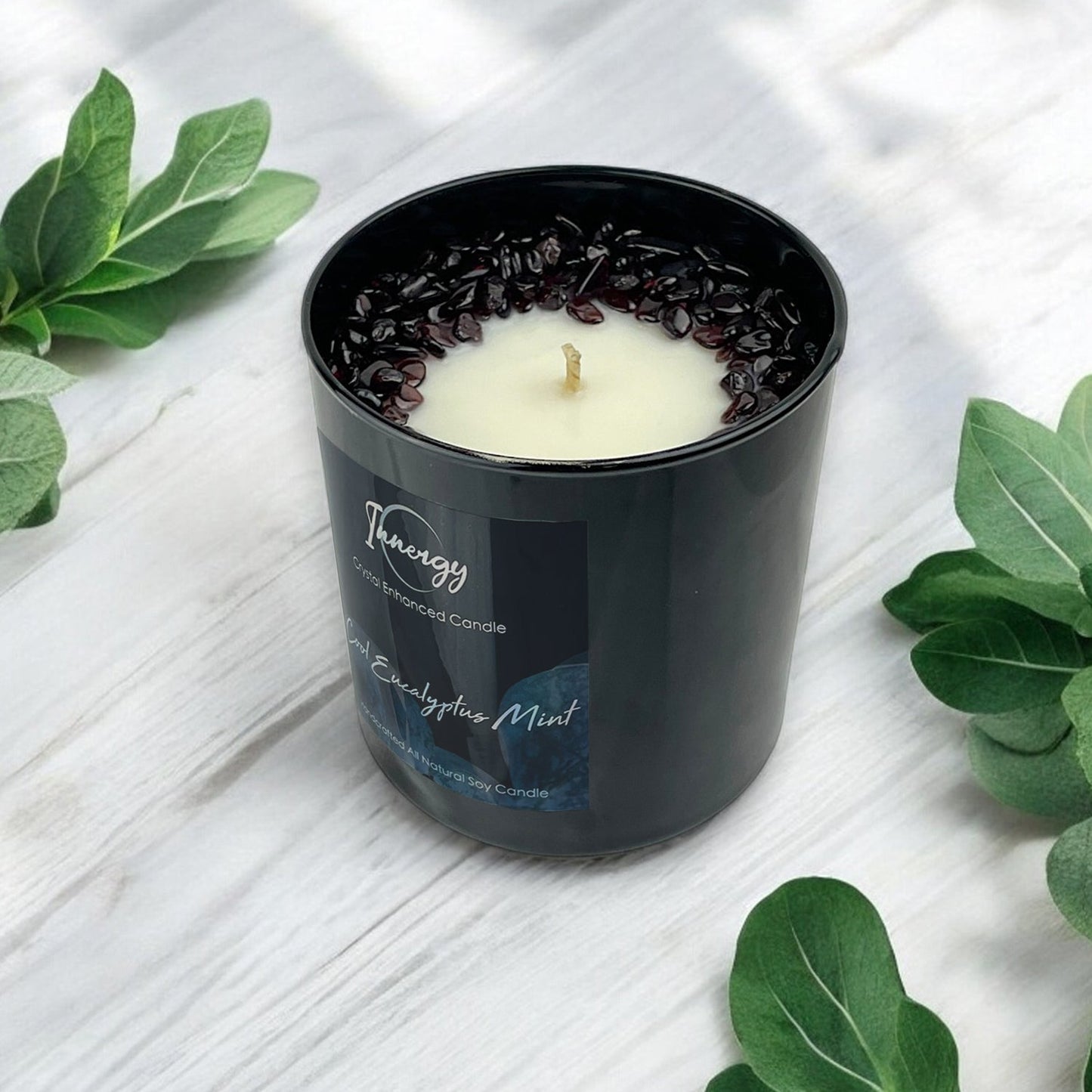 Eucalyptus Mint Crystal Candle with Garnet | Coconut-Soy Wax Candle, 9oz – Crystal Candle