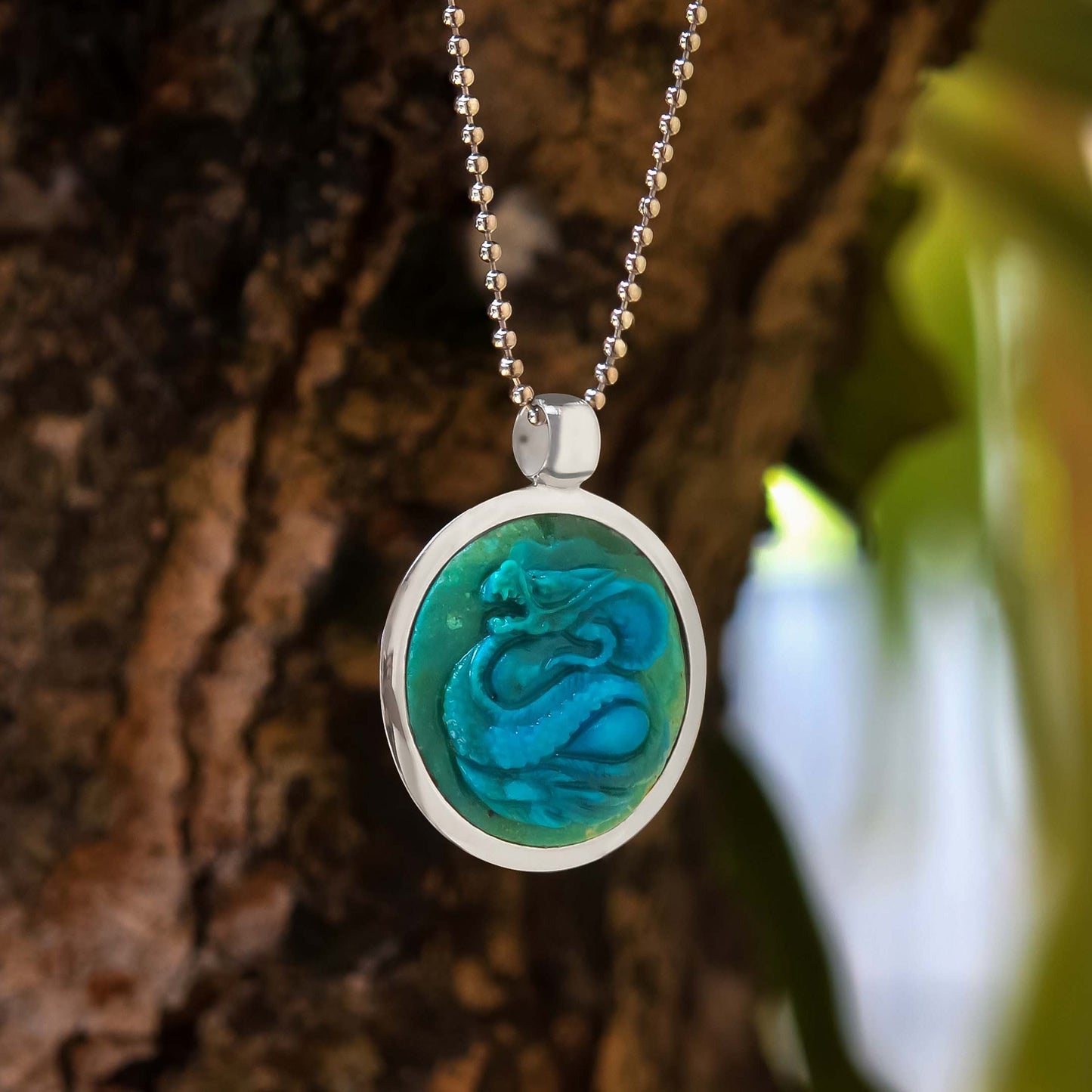 Starborn Peruvian Blue Opal Carved Dragon Medallion Style Pendant in Sterling Silver