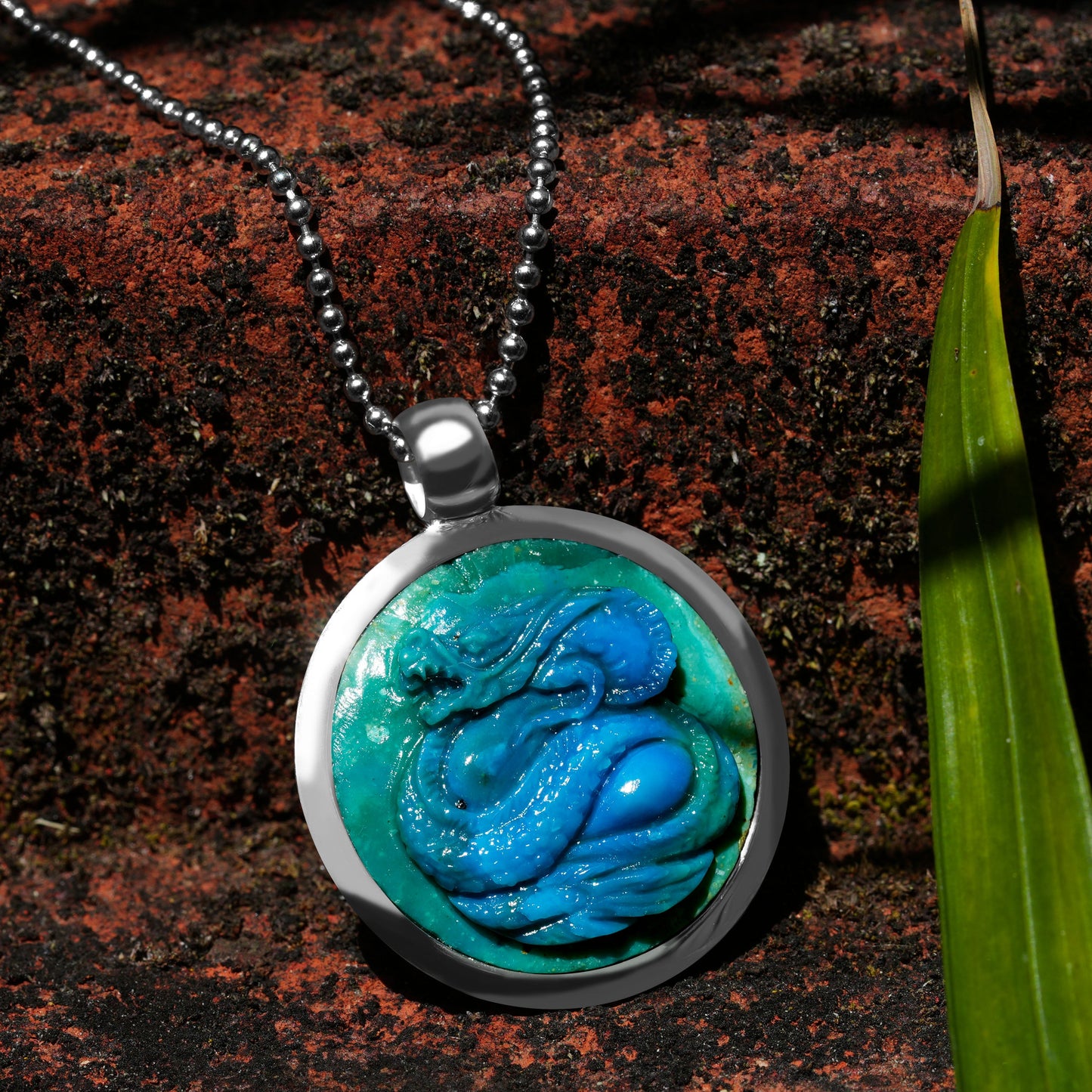 Starborn Peruvian Blue Opal Carved Dragon Medallion Style Pendant in Sterling Silver