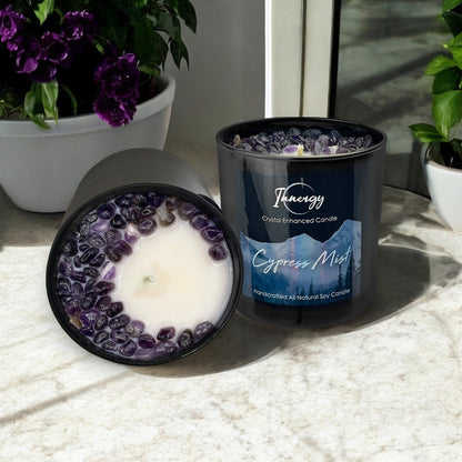 Cypress Mist Crystal Candle with Amethyst | Coconut-Soy Wax Candle, 9oz