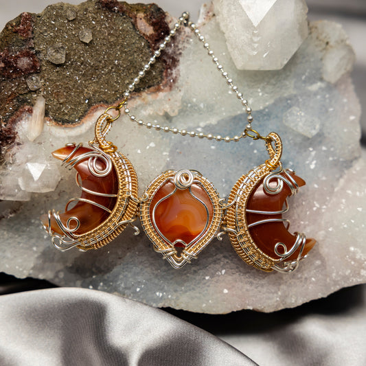 Carnelian Agate 3-Stone Wire Wrap Crystal Pendant