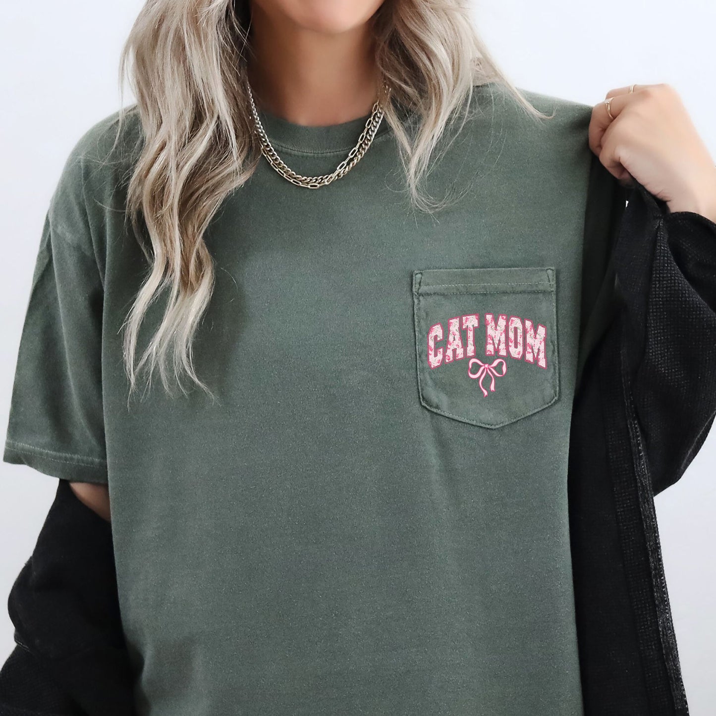 Cat Mom, Coquette, Pocket, Ribbons, Bows Pocket Tee Comfort Colors T-Shirt – Moss Dark Green T-Shirt