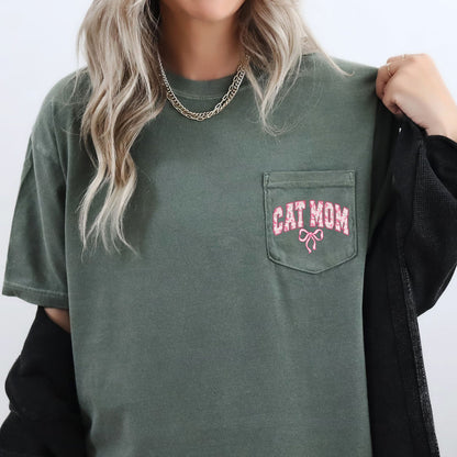 Cat Mom, Coquette, Pocket, Ribbons, Bows Pocket Tee Comfort Colors T-Shirt – Moss Dark Green T-Shirt