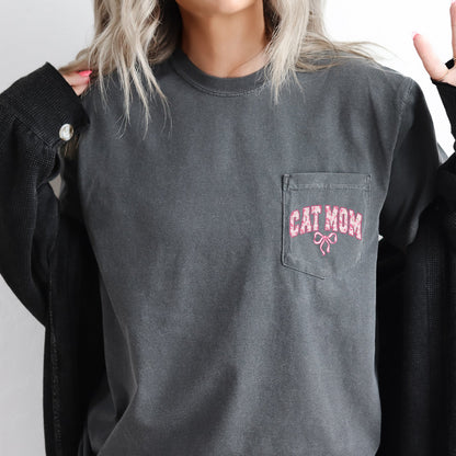 Cat Mom, Coquette, Pocket, Ribbons, Bows Pocket Tee Comfort Colors T-Shirt – Pepper Dark Gray T-Shirt