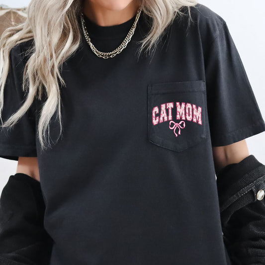 Cat Mom, Coquette, Pocket, Ribbons, Bows Pocket Tee Comfort Colors T-Shirt – Solid Black T-Shirt