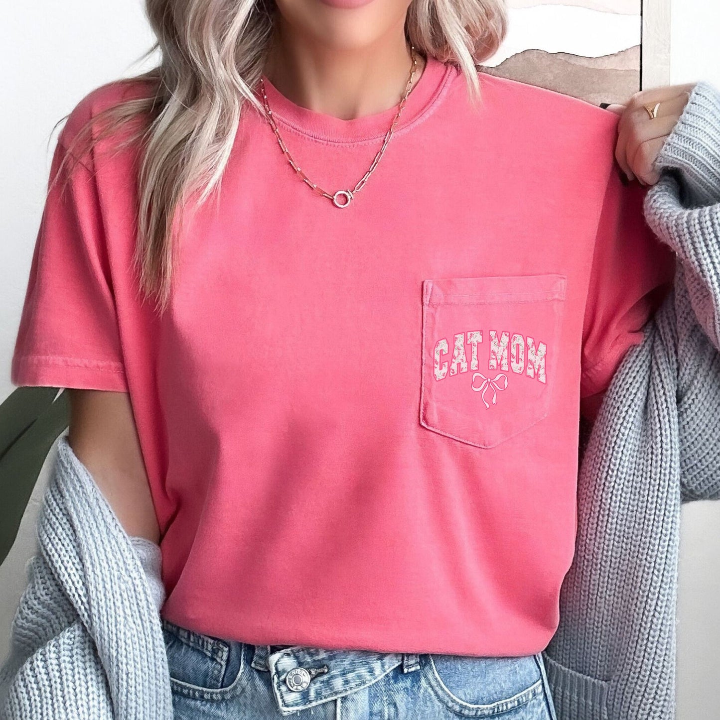 Cat Mom, Coquette, Pocket, Ribbons, Bows Pocket Tee Comfort Colors T-Shirt – Watermelon Pink T-Shirt