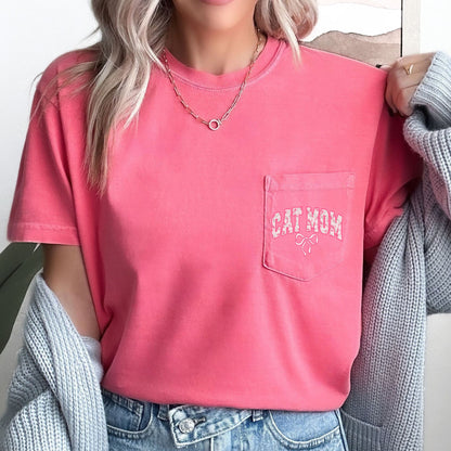 Cat Mom, Coquette, Pocket, Ribbons, Bows Pocket Tee Comfort Colors T-Shirt – Watermelon Pink T-Shirt