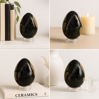 Dark Septarian Geode Egg – Druzy Crystal Interior –