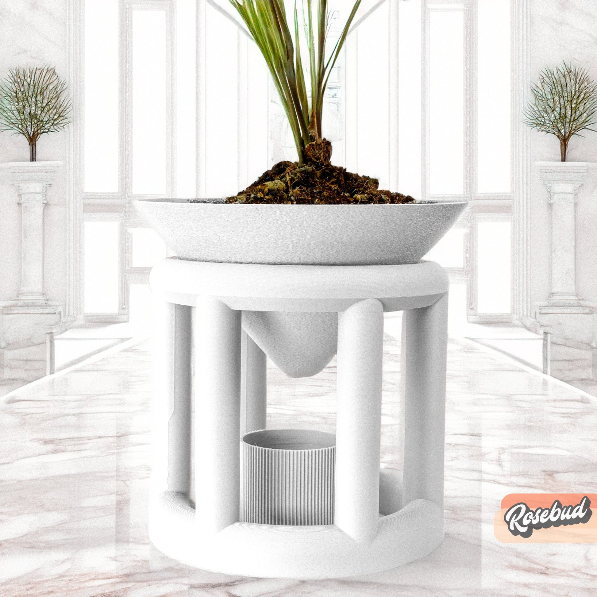 Conduit Plant Stand with Planter & Catch – White Pots & Planters