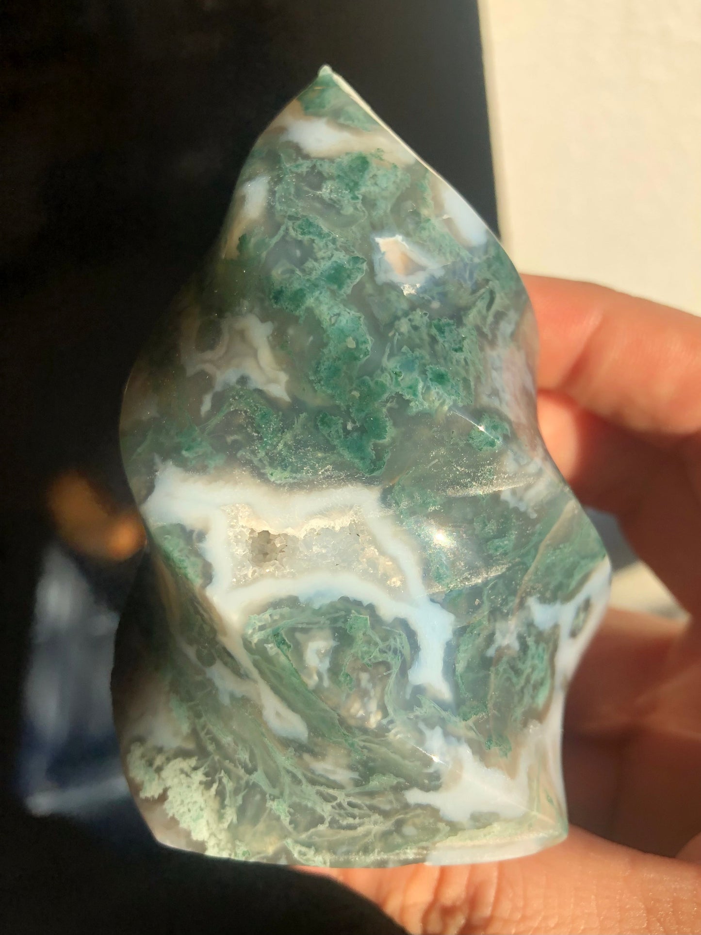 Moss Agate Flame – 3.5" to 4" Crystal with Druzy Pockets