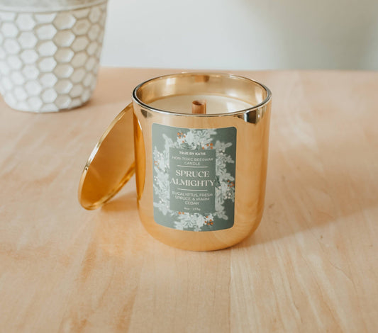 Spruce Pine Candle - Eucalyptus Cedar Beeswax 8-12oz – 8oz Gold + Lid non toxic candle