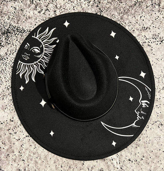 Vegan Felt Hat - XL Brim - Celestial Sun & Moon