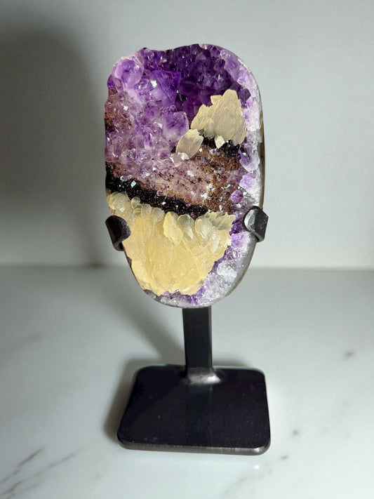 Amethyst with RARE Phosphorescent Calcite & Goethite - Artigas, Uruguay | River Walkers Minerals – Mineral Specimen