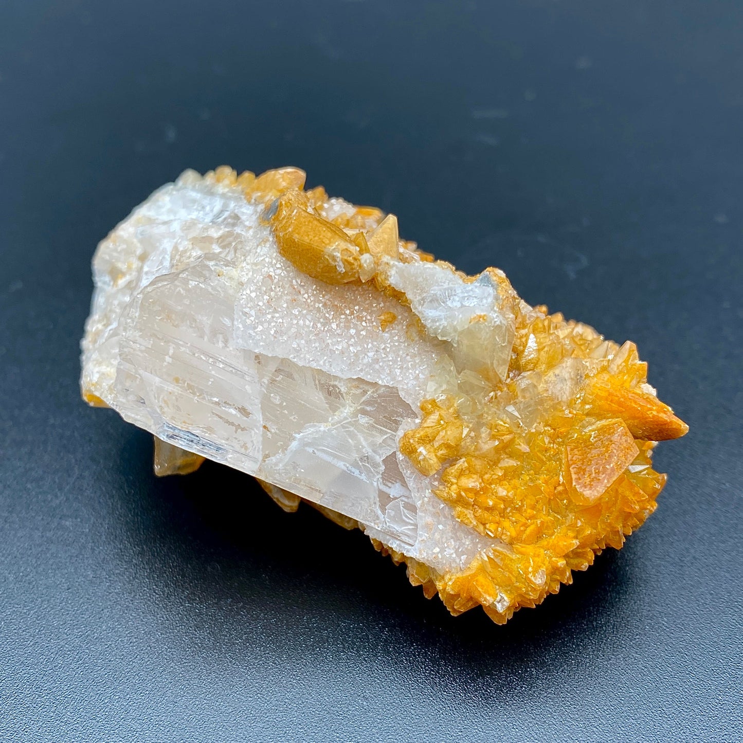 80.80 g. Danburite with Quartz Druzy and Golden Calcite – Danburite