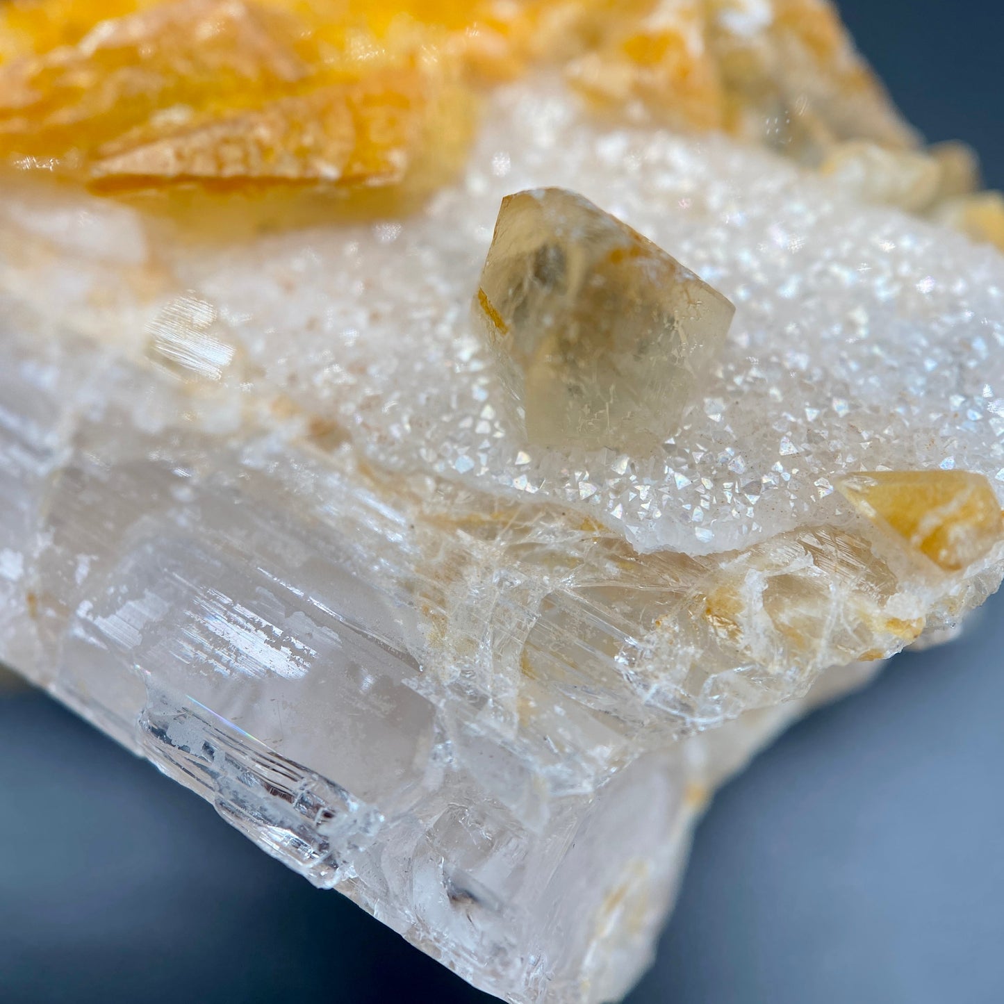 80.80 g. Danburite with Quartz Druzy and Golden Calcite – Danburite