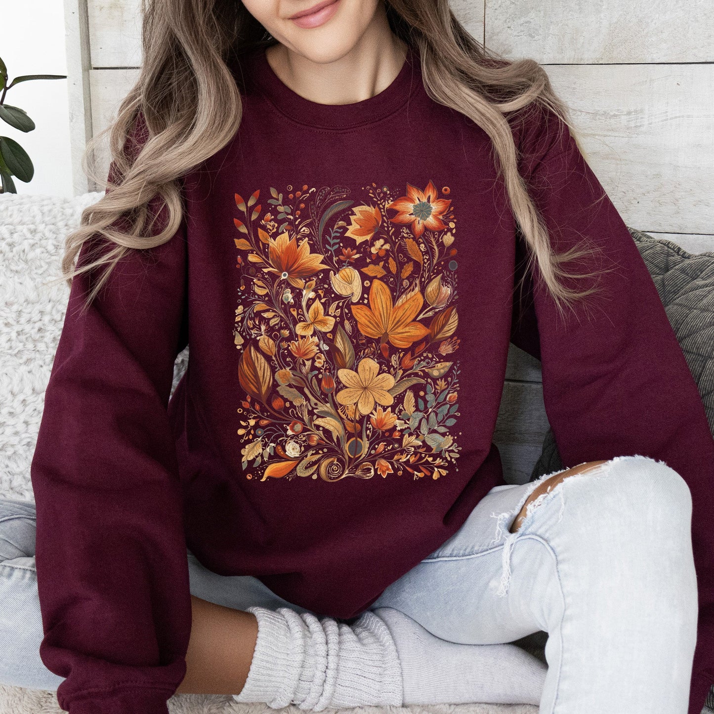 Dried Pressed Leaves And Floral Design - Sweatshirt