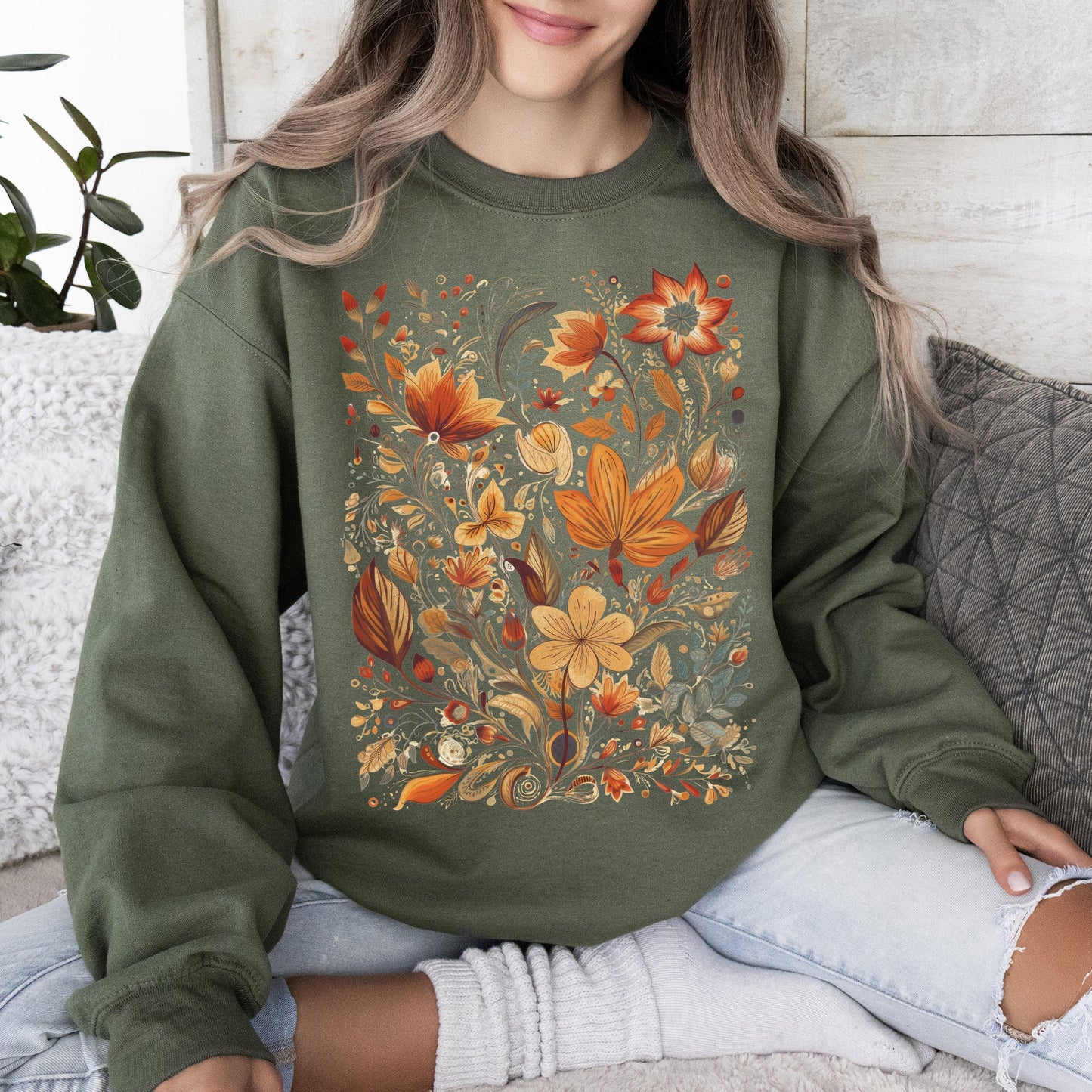Dried Pressed Leaves And Floral Design - Sweatshirt