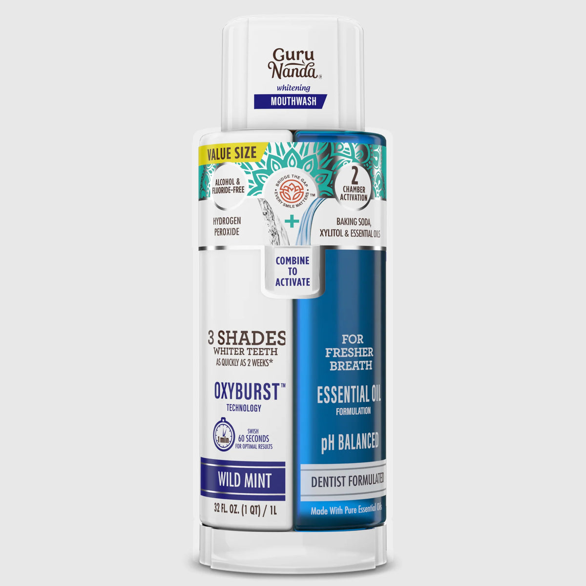 GuruNanda Dual Barrel Oxyburst Whitening Mouthwash – Wild Mint, 32 fl oz