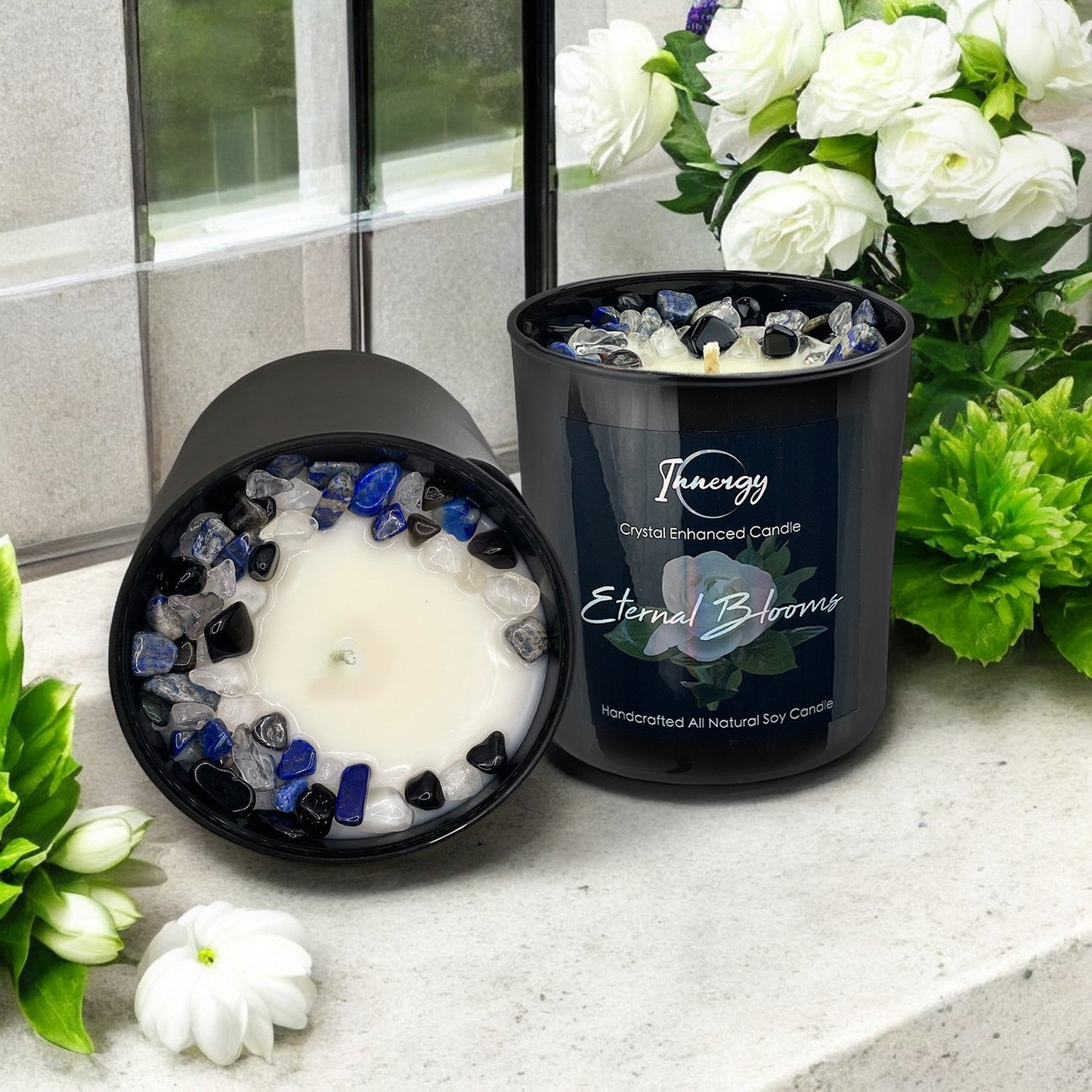 Eternal Blooms Crystal Candle with Obsidian, Lapis Lazuli, & Quartz | Coconut-Soy Wax Candle, 9oz