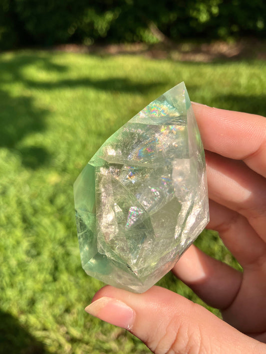 Green Fluorite Faceted Flame – Polished Crystal for Clarity & Healing –