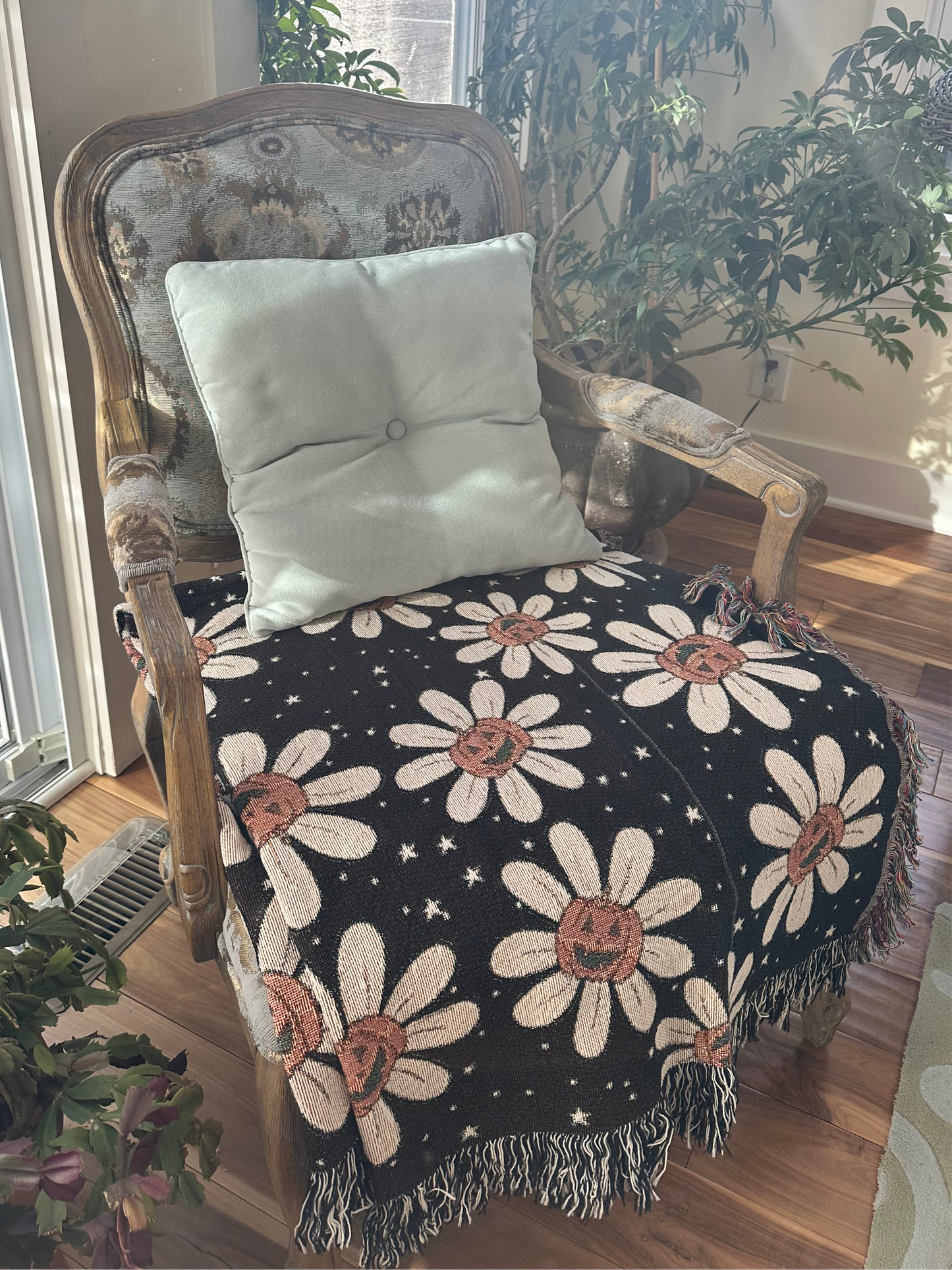 Daisy and pumpkins jack o lanters cotton woven blanket 50x60”