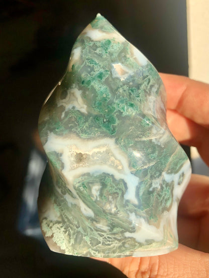 Moss Agate Flame – 3.5" to 4" Crystal with Druzy Pockets