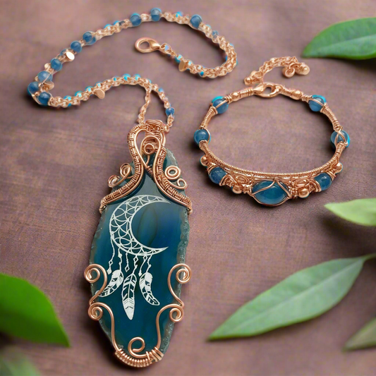 Custom wire wrapped Crescent moon, engraved agate necklace, and bracelet set