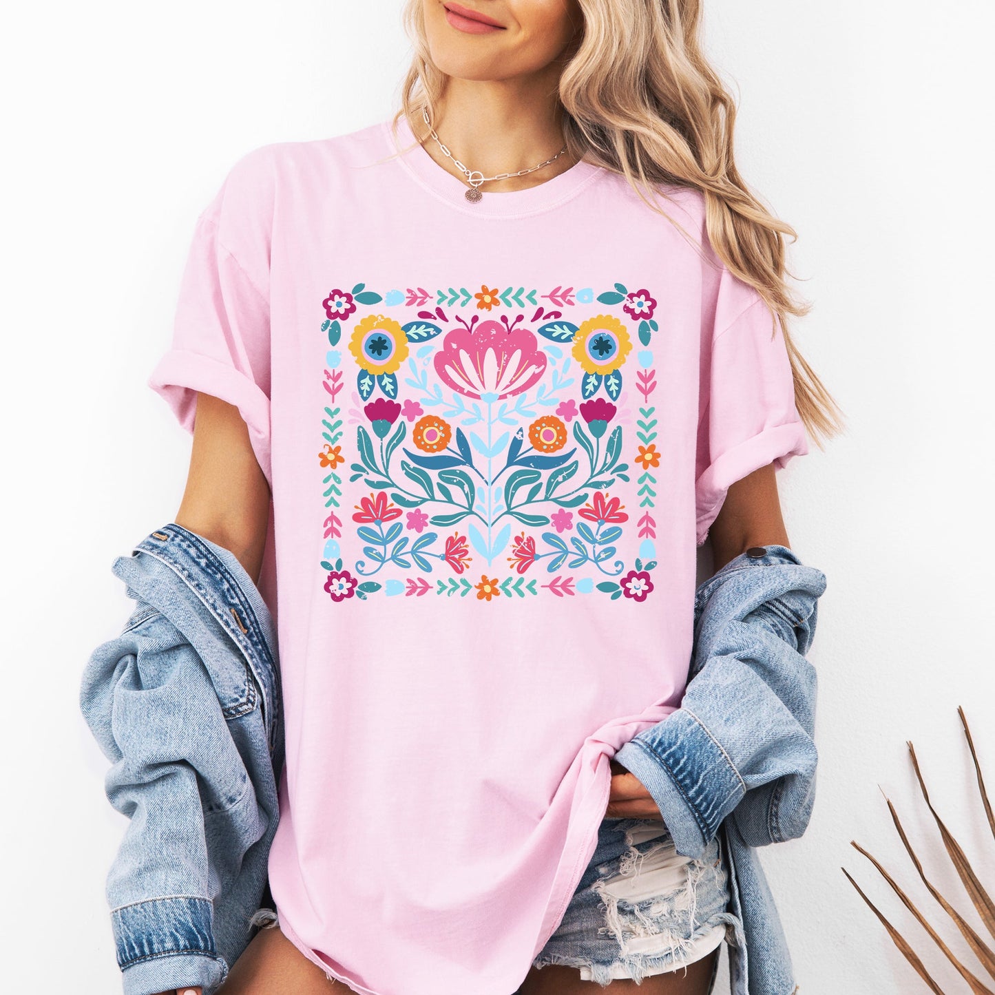 Folk Art Flowers - Comfort Colors T-Shirt – Blossom Light Pink T-Shirt